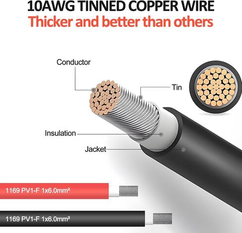 20 FT 10AWG Solar Extension Cable with Female and Male Connector with Extra Free Pair of Solar Y Connector Adaptor Kit for Home, Ship and RV Solar Panels (20FT Red + 20FT Black) in Kuwait