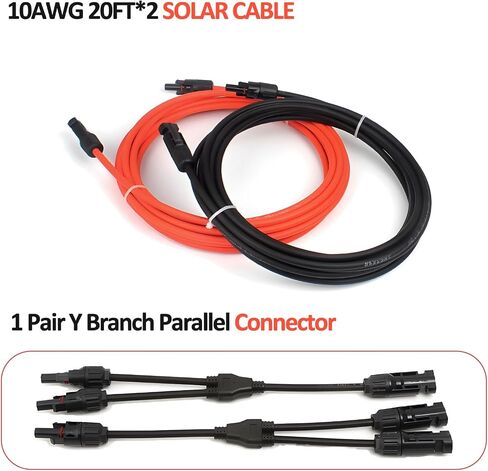 20 FT 10AWG Solar Extension Cable with Female and Male Connector with Extra Free Pair of Solar Y Connector Adaptor Kit for Home, Ship and RV Solar Panels (20FT Red + 20FT Black) in Kuwait