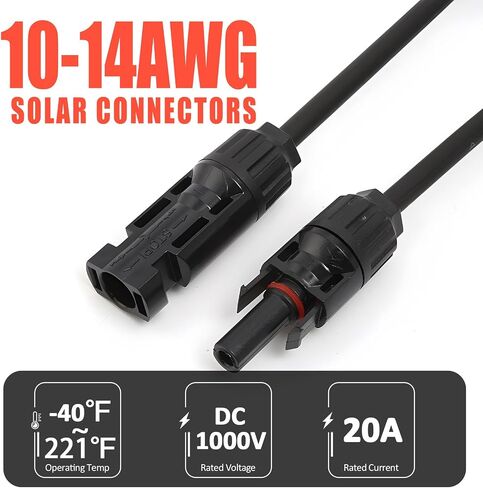 20 FT 10AWG Solar Extension Cable with Female and Male Connector with Extra Free Pair of Solar Y Connector Adaptor Kit for Home, Ship and RV Solar Panels (20FT Red + 20FT Black) in Kuwait