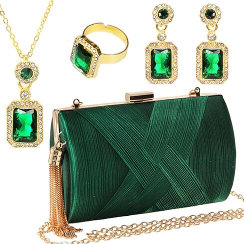 4 Pcs Women Clutch Purse Jewelry Set, Silk Stain Bridal Purse with Necklace Earrings Ring, Vintage Banquet Handbag with Detachable Chain, Rhinestone Jewelry Handbag Set for Wedding Party Gift in Saudi Arabia