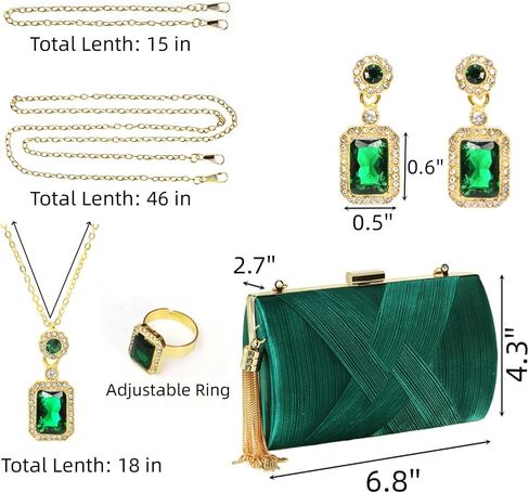 4 Pcs Women Clutch Purse Jewelry Set, Silk Stain Bridal Purse with Necklace Earrings Ring, Vintage Banquet Handbag with Detachable Chain, Rhinestone Jewelry Handbag Set for Wedding Party Gift in Saudi Arabia