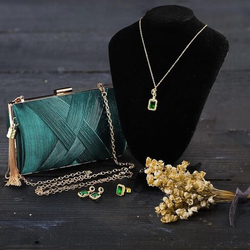 4 Pcs Women Clutch Purse Jewelry Set, Silk Stain Bridal Purse with Necklace Earrings Ring, Vintage Banquet Handbag with Detachable Chain, Rhinestone Jewelry Handbag Set for Wedding Party Gift in Saudi Arabia