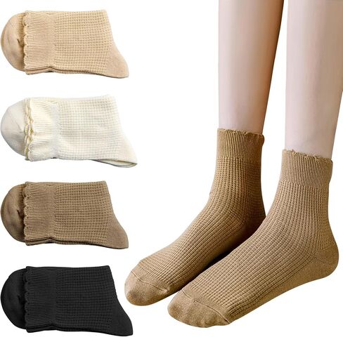 Womens Cotton Crew Socks 4 Pair Solid Striped Ruffle Socks Knitted Boot Socks Casual Athletic Socks Breathable Frilly Socks Cute Turn Cuff Ankle Socks for Women and Girls, One Size in Saudi Arabia