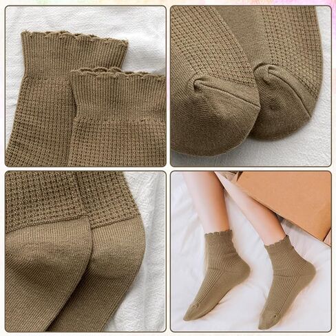 Womens Cotton Crew Socks 4 Pair Solid Striped Ruffle Socks Knitted Boot Socks Casual Athletic Socks Breathable Frilly Socks Cute Turn Cuff Ankle Socks for Women and Girls, One Size in Saudi Arabia