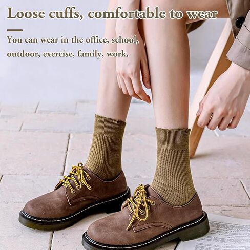 Womens Cotton Crew Socks 4 Pair Solid Striped Ruffle Socks Knitted Boot Socks Casual Athletic Socks Breathable Frilly Socks Cute Turn Cuff Ankle Socks for Women and Girls, One Size in Saudi Arabia