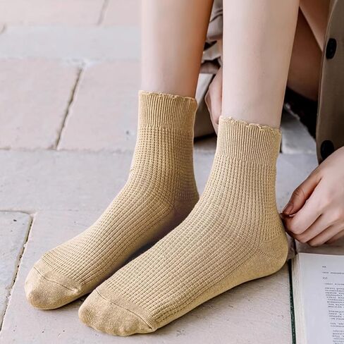 Womens Cotton Crew Socks 4 Pair Solid Striped Ruffle Socks Knitted Boot Socks Casual Athletic Socks Breathable Frilly Socks Cute Turn Cuff Ankle Socks for Women and Girls, One Size in Saudi Arabia