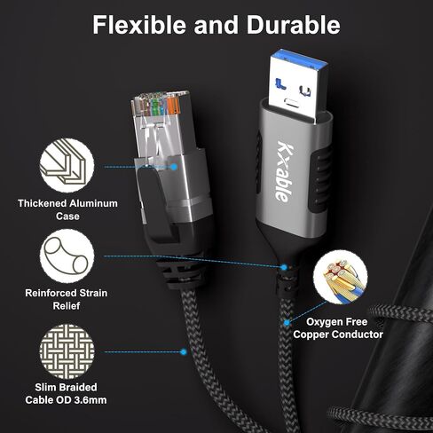 كابل USB رفيع إلى إيثرنت بطول 6 أقدام، سلك رفيع USB 3.0 A إلى RJ45، متصل مباشرة، ألومنيوم، مضفر، OFC، كابل شبكة USB إلى RJ45 Gigabit LAN لأجهزة الكمبيوتر المحمول والكمبيوتر الشخصي والمحول والمزيد، OD: 3.6 مم in Kuwait