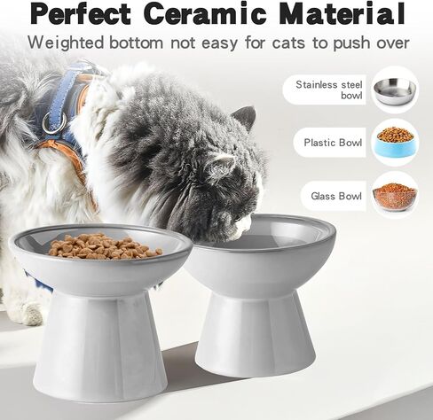 kathson Raised Cat Water and Food Bowl Set, 6.2in Ceramic Elevated Shallow Cat Bowls, Cat Food Plate Pack of 2, Cat Food Dish Anti Whisker Fatigue Protect Kitty Spine (Brown) in Saudi Arabia