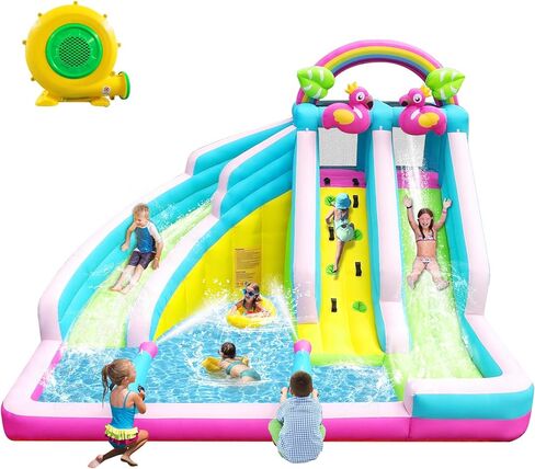 Inflatable Water Slide, 6 in 1 Blow Up Water Park Aged 3-12, Flamingo Style Water Bounce House with Double Long Slides, Splash Pool, 580W Blower Waterslide for Kids and Adults Backyard in Saudi Arabia