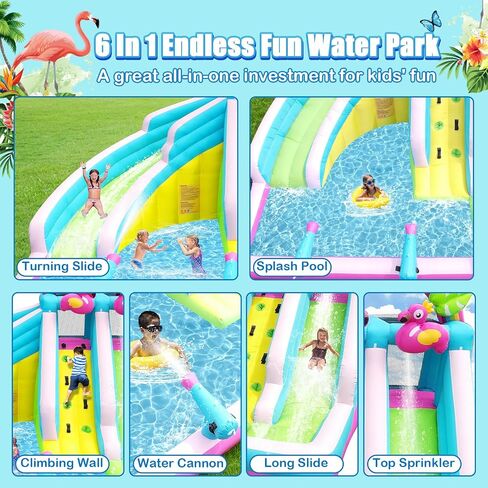 Inflatable Water Slide, 6 in 1 Blow Up Water Park Aged 3-12, Flamingo Style Water Bounce House with Double Long Slides, Splash Pool, 580W Blower Waterslide for Kids and Adults Backyard in Saudi Arabia