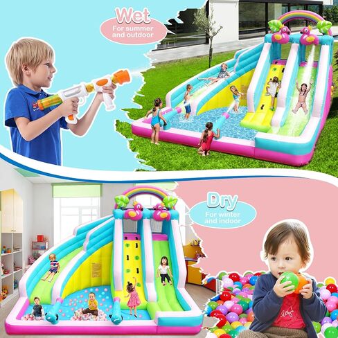 Inflatable Water Slide, 6 in 1 Blow Up Water Park Aged 3-12, Flamingo Style Water Bounce House with Double Long Slides, Splash Pool, 580W Blower Waterslide for Kids and Adults Backyard in Saudi Arabia