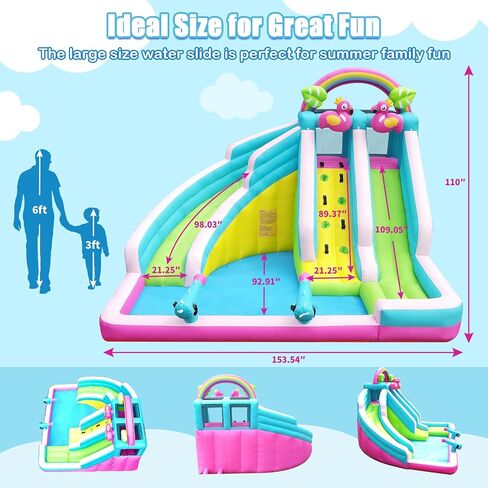 Inflatable Water Slide, 6 in 1 Blow Up Water Park Aged 3-12, Flamingo Style Water Bounce House with Double Long Slides, Splash Pool, 580W Blower Waterslide for Kids and Adults Backyard in Saudi Arabia