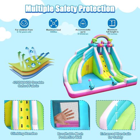 Inflatable Water Slide, 6 in 1 Blow Up Water Park Aged 3-12, Flamingo Style Water Bounce House with Double Long Slides, Splash Pool, 580W Blower Waterslide for Kids and Adults Backyard in Saudi Arabia
