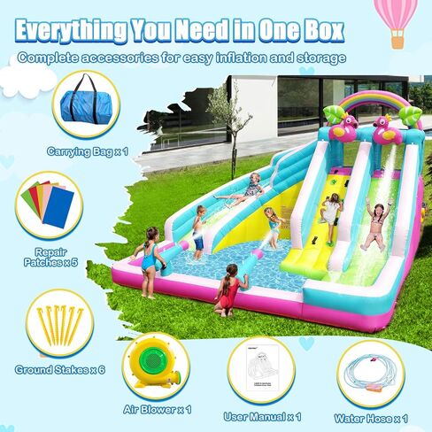 Inflatable Water Slide, 6 in 1 Blow Up Water Park Aged 3-12, Flamingo Style Water Bounce House with Double Long Slides, Splash Pool, 580W Blower Waterslide for Kids and Adults Backyard in Saudi Arabia