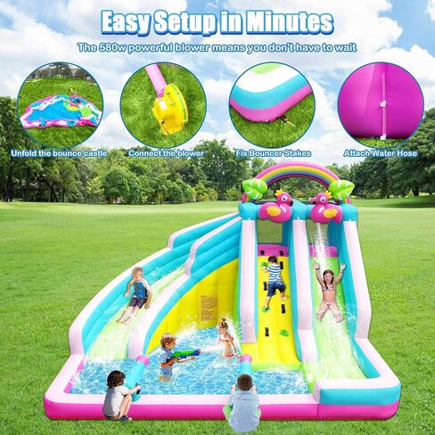Inflatable Water Slide, 6 in 1 Blow Up Water Park Aged 3-12, Flamingo Style Water Bounce House with Double Long Slides, Splash Pool, 580W Blower Waterslide for Kids and Adults Backyard in Saudi Arabia
