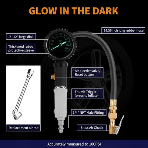 Tire Inflator with Pressure Gauge 0-120 PSI Air Pressure Gauge with Rubber Hose Air Compressor Tire Inflator Attachment with Brass Air Chuck and Air Rod with Easy Read Glow Dial in Saudi Arabia