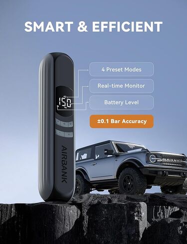 منفاخ إطارات AIRBANK ضاغط هواء محمول 2600 مللي أمبير في الساعة * 3 150 رطل لكل بوصة مربعة، مضخة دراجة كهربائية لاسلكية، منفاخ إطارات ذكي لقياس الضغط التلقائي مع ضوء LED لكرة الدراجة النارية للسيارة، A10 in Kuwait