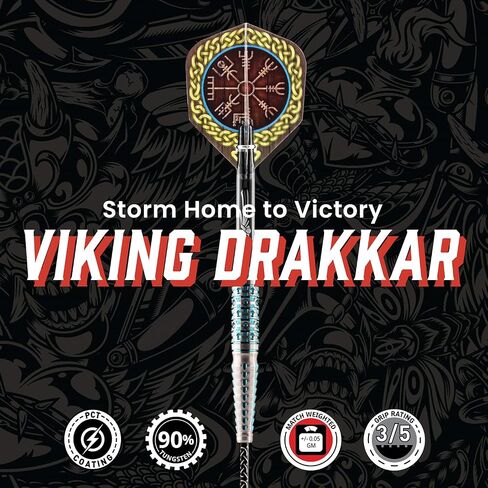 Shot Darts Steel Tip Viking Drakkar (23g/25g/27g) - 90% Tungsten Barrels, Rear Balanced with Secure Grip Handcrafted Professional Dart Set and Flights- Made in New Zealand in Saudi Arabia
