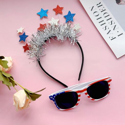 4th of July Headband with American Flag Sunglasses Glittery Stars Patriotic Headband 4th of July Accessories for Independence Day Party Decorations Favors Red White Blue Headband for Women Girls Kids in Kuwait