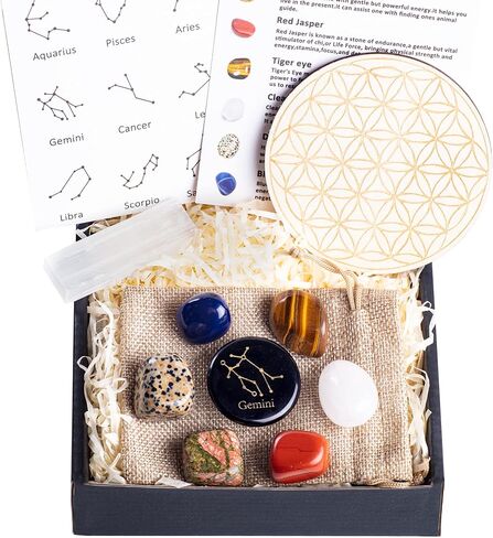 مجموعة هدايا برج الجوزاء والكريستال من فوربي كوكبة نيزك فيلينت حقيبة شفاء سيلينيت حجر الميلاد مع برج التنجيم ديكور الويكا in Kuwait