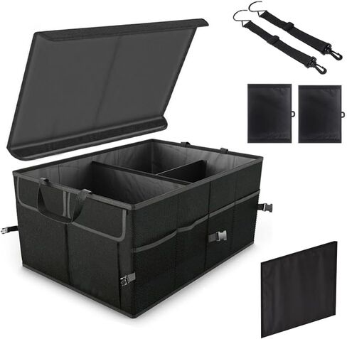 Car Storage Organizer 1 Pcs Car Trunk Organizer Black Car Storage Box 21.7" Collapsible Multi Compartment SUV Trunk Organizer With Adjustable Securing Straps for Car,SUV,Truck (With Cover) in Saudi Arabia