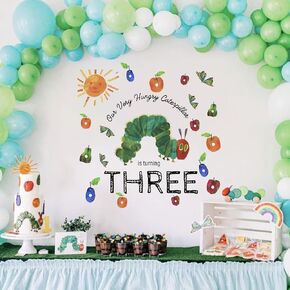 Our Very Hungry Caterpillar is Turning Three Decal - Caterpillar Themed 3rd Birthday Party Decorations for Girls Boys, Fruits and Sun Design，Balloon Arch Decor (Caterpillar Three Green) in Kuwait