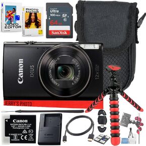 حزمة كاميرا Canon PowerShot IXUS 285 / ELPH 360 HS الرقمية المدمجة بتكبير بصري 12x (أسود) مع بطاقة ذاكرة سعة 64 جيجابايت + حافظة كاميرا + قارئ بطاقات + حامل ثلاثي عنكبوت + المزيد (حزمة 12 قطعة) (متجددة) in Kuwait