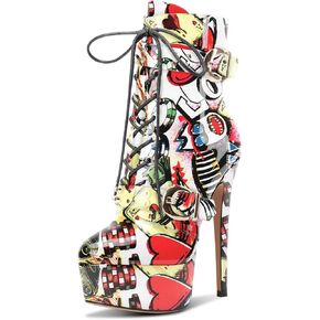 Aachcol Womens Patent Leather Platform Ankle Boots Lace-up Stiletto High Heel Buckle Zipper Short Booties Prom Dress Shoes 6 Inches Heels in Saudi Arabia