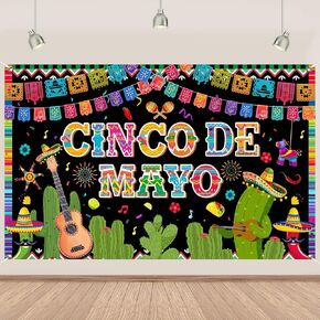 Cinco De Mayo Banner Backdrop 5.9x3.6Ft Colorful Flags Mexican Fiesta Backdrop Guitar Cactus Cinco De Mayo Banner Decorations Fiesta Mexican Party Decorations Photo Props 71×43inch（Polyester） in Saudi Arabia