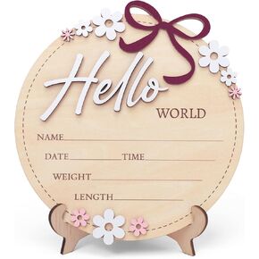 Wooden Baby Announcement Sign 6 Inch Round Birth Stat Plaque with Floral and Bow Design (Blue) in Kuwait