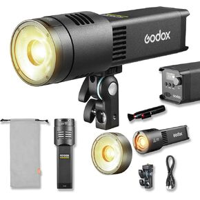 مصباح فيديو Godox RS100Bi 100W ثنائي اللون LED، ضوء تصوير COB محمول، 2800K-6500K، CRI/TLCI 98، 28,600 Lux@1m، بطارية مدمجة، تحكم APP/DMX للاستوديو والفيديو والبث in Kuwait