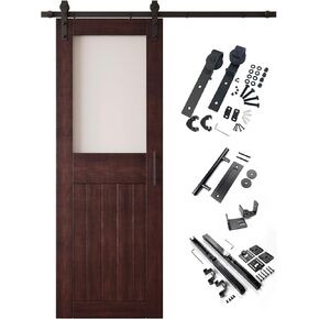 الأحمر الماهوجني 48x84 نصف لايت تصميم الزجاج المصنفر الانتهاء من باب الحظيرة المنزلق من الخشب الصلب غير المجمع فقط مع باب واحد طويل 9 أقدام طقم أدوات غير تجاوز (الاستخدام الداخلي فقط) in Kuwait