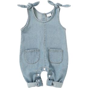 Happy Town Baby Girl Soft Washed Denim Romper Sleeveless Bow-Tie Strap Jumpsuit One-Piece Outfit Newborn Infant 0-18 Months in Kuwait