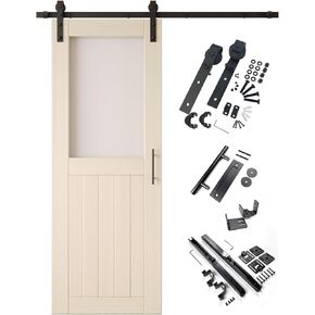 Tinsmith Gray 26x80 Half Lite تصميم زجاج بلوري تم تشطيبه بباب الحظيرة المنزلق المصنوع من الخشب الصلب غير المجمّع فقط مع مجموعة أدوات غير تجاوزية لباب واحد بطول 4.5 قدم (للاستخدام الداخلي فقط) in Kuwait