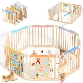 Foldable Wooden Playpen - Adjustable Wood Baby Play Yard with Child-Proof Lock, Indoor Large Safety Fence for Babies and Toddlers - Easy Assembly, 55 x 55 x 24 inches, Dino Land, Natural in Kuwait
