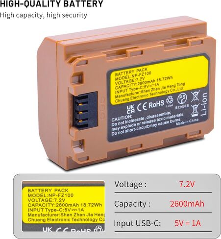 USB-C NP-FZ100 Battery for Sony A7iv, A7iii, A7C, A6600, A6700, FX3, FX30, ZV-E1, A9, Alpha 9, Alpha 9S, A9S, A7RIII, A7RIV, A7RV, A7Siii, FX3, FX30, ZE-V1 Cameras 2600mAh in Kuwait