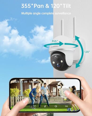 كاميرات مراقبة ZUMIMALL لاسلكية خارجية واي فاي مع 360 درجة PTZ، كاميرات بطارية 2K لأمن المنزل في الهواء الطلق، أضواء كاشفة وصفارة إنذار، رؤية ليلية ملونة 3 ميجابكسل/محادثة ثنائية الاتجاه/IP66/Cloud/Alexa/PIR/AI in Kuwait