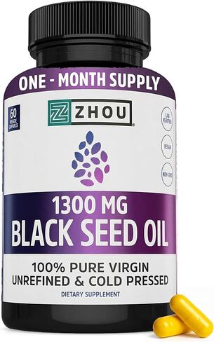 Zhou Black Seed Oil Capsules - Black Cumin Seed Oil Cold Pressed, Nigella Sativa, Pure Unrefined Blackseed, Premium Supplement for Health, Hair & Skin w/ Thymoquinone - 60 Capsules (Pack of 1) in Saudi Arabia