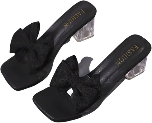 GORGLITTER Women's Bow Clear Sandals Square Open Toe Slip On Dress Chunky Heeled Slides Dinner Party Prom Sandals in Saudi Arabia