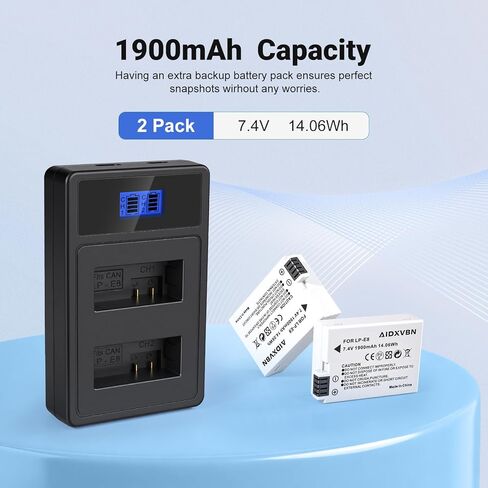 بطارية بديلة LP-E8 مكونة من عبوتين مع شاحن USB مزدوج لكاميرات Canon EOS، متوافقة مع Rebel T3i T4i T5i T6i T7i، 550D 600D 650D 700D 750D 800D، Kiss X4 X5 X6i X7i in Kuwait
