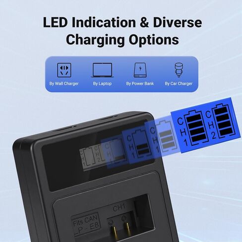 بطارية بديلة LP-E8 مكونة من عبوتين مع شاحن USB مزدوج لكاميرات Canon EOS، متوافقة مع Rebel T3i T4i T5i T6i T7i، 550D 600D 650D 700D 750D 800D، Kiss X4 X5 X6i X7i in Kuwait
