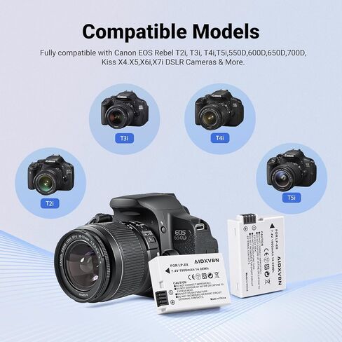 بطارية بديلة LP-E8 مكونة من عبوتين مع شاحن USB مزدوج لكاميرات Canon EOS، متوافقة مع Rebel T3i T4i T5i T6i T7i، 550D 600D 650D 700D 750D 800D، Kiss X4 X5 X6i X7i in Kuwait
