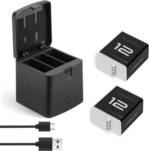 1800mAh Battery Kit for GoPro Hero 12, 2-Pack Replacement Batteries + Triple Charge Case with Type-C Charging Cord Compatible with GoPro Hero 12/11/10/9 Black Camera in Kuwait