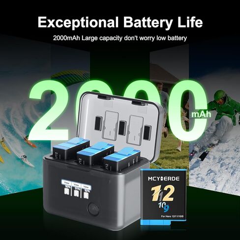 3 عبوات بطارية بديلة مع علبة شاحن 3 قنوات متوافقة مع كاميرات GoPro Hero 12 Hero 11 Hero 10 Hero 9 باللون الأسود in Kuwait
