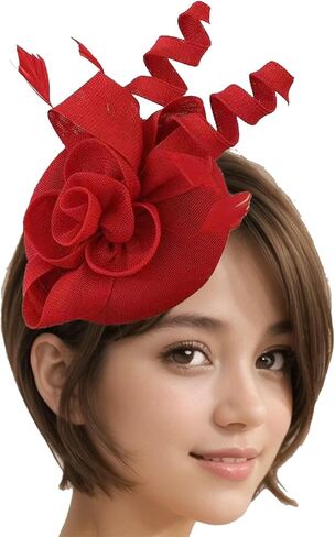 elaine_closet Cambric Fascinator Wedding Evening Party Derby Hat with Veil Feather Hair Clip in Kuwait