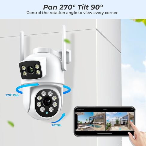 كاميرا واي فاي 2.4 جيجا هرتز لأمن المنزل، كاميرا مراقبة 4 ميجابكسل خارجية 360 درجة PTZ مع تتبع كشف الحركة/صفارة الإنذار/صوت ثنائي الاتجاه/رؤية ليلية ملونة/أضواء كاشفة/مقاومة للماء in Kuwait