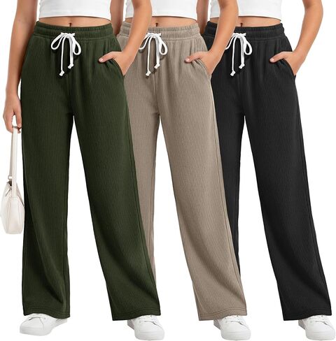 3 Pack Girls Corduroy School Uniform Pants Kids Lightweight Wide Leg High Waist Drawstring Sweatpants with Pockets in Saudi Arabia