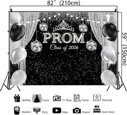 7×5Ft Prom Decorations 2026 Backdrop Silver Glitter Prom Class of 2026 Backdrops for Photoshoot Neon Light Ball Prom Send Off Graduation Banner for Party 84×60inch in Saudi Arabia