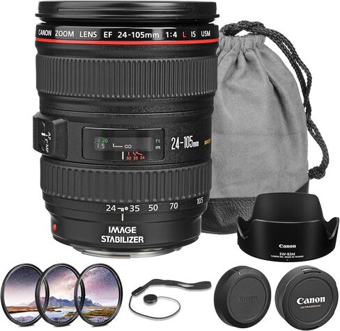 Canon EF 24-105mm f/4L هي حزمة عدسات USM | تكبير قياسي من السلسلة L مع فتحة ثابتة f/4 وتثبيت الصورة البصرية والتركيز التلقائي السريع USM | للسفر والمناسبات (0344B002) + مجموعة الفلاتر + المزيد in Kuwait