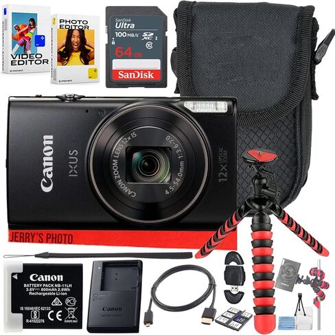 حزمة كاميرا Canon PowerShot IXUS 285 / ELPH 360 HS الرقمية المدمجة بتكبير بصري 12x (أسود) مع بطاقة ذاكرة سعة 64 جيجابايت + حافظة كاميرا + قارئ بطاقات + حامل ثلاثي عنكبوت + المزيد (حزمة 12 قطعة) (متجددة) in Kuwait